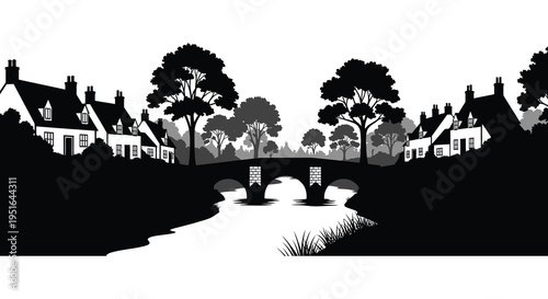 A quaint village scene featuring houses trees and a stone bridge presented in a striking silhouette high quality professional detailed modern