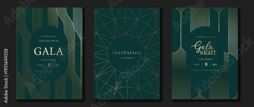 Luxury green art deco wedding invitation card vector. Classic antique cards design for VIP invite, Gatsby invitation gold, Fancy party event, Save the date card and Thank you card. Vector illustration