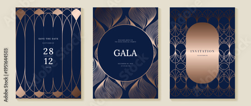 Art deco wedding invitation card vector. Luxury classic antique cards design for VIP invite, Gatsby invitation gold, Fancy party event, Save the date card and Thank you card. Vector illustration