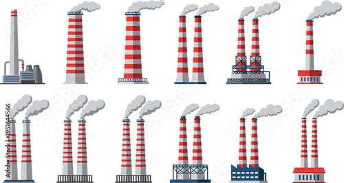 Flat vector illustration set of industrial factory chimneys and power plant smoking smokestacks with 