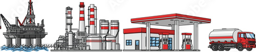 Industrial set of oil and gas vector illustrations featuring offshore drilling rig platform, refinery processing plant, petrol gas station, and fuel tanker truck.