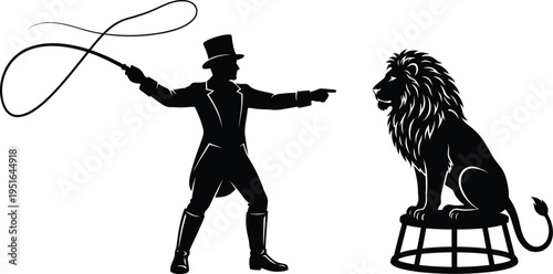 Lion Tamer Circus Silhouette Vector | Trainer Whip Lion Stool Circus Performance Show Black Isolated on White