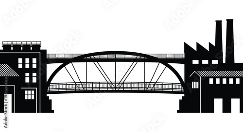A stark black and white illustration depicts a bridge buildings and factory with a distinctive silhouette high quality professional detailed modern