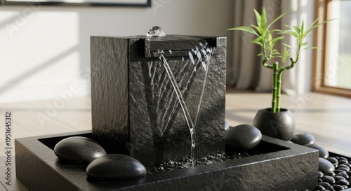 Modern indoor water fountain with bamboo plant and decorative pebbles