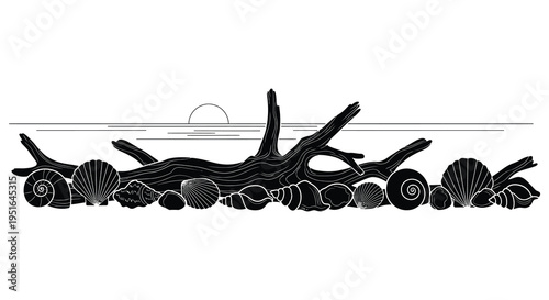 A stark black and white illustration depicts driftwood seashells and a setting sun presented as a silhouette high quality professional detailed