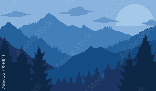 Blue misty mountain forest landscape vector