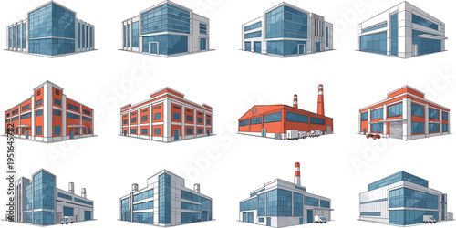 Set of modern industrial buildings, commercial office warehouses, and factory architecture illustrations featuring glass facades, brick structures, loading docks, and industrial chimney smokestacks.