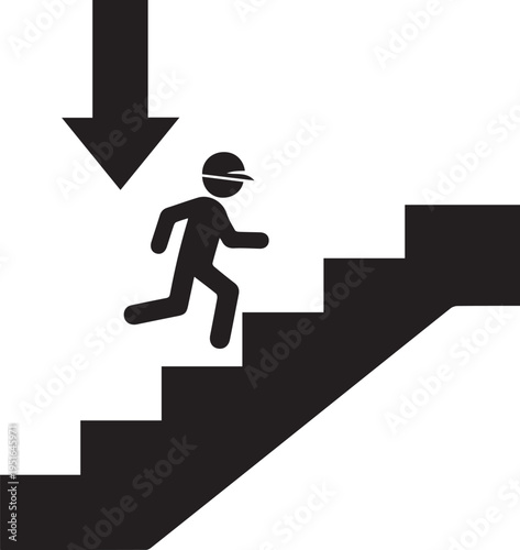 Silhouette of a thief wearing a mask running down stairs with a large downward arrow, isolated on transparent background