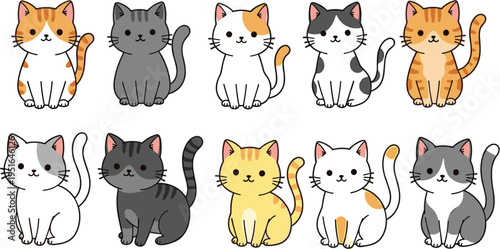 Cute cartoon cats collection with different breeds colors and poses adorable kittens pets flat vector illustration set