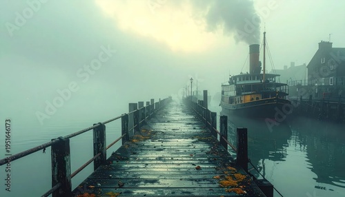 Wallpaper Mural Foggy Dock with Boat in Harbour. Torontodigital.ca