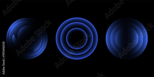 Sonic waves, WiFi signal glowing elements, radar sensor light effects, round wireless network neon symbols. Vector illustration.
