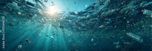 Dramatic Underwater View of Plastic Pollution in the Ocean with Sunlight Rays Highlighting Floating Waste and Environmental Crisis Impacting Marine Ecosystems