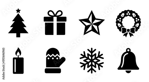 a collection of christmas icons including tree, gift, star, wreath, candle, mitten, snowflake, and bell, useful for holiday marketing, advertising, and decoration