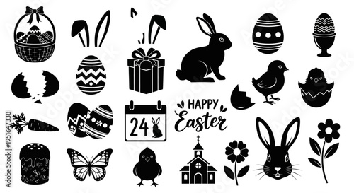Happy Easter Silhouette Icons Collection Featuring Bunnies, Eggs, Chicks, and Festive Decorations