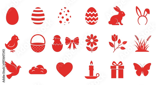 Easter icons collection, including rabbits, eggs, chicks, flowers, and baskets, perfect for holiday designs and decorations