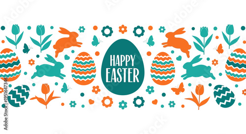Happy Easter banner featuring bunnies, eggs, tulips, and butterflies in a playful, festive design