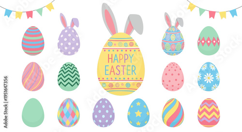 Happy Easter, a vibrant collection of decorated eggs and bunny ears, perfect for festive celebrations and springtime greetings