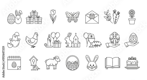 Diverse Set of Black and White Line Art Icons for Easter Celebrations, Featuring Traditional Symbols of Spring, Rebirth, and Festive Occasions, Perfect for Seasonal Designs