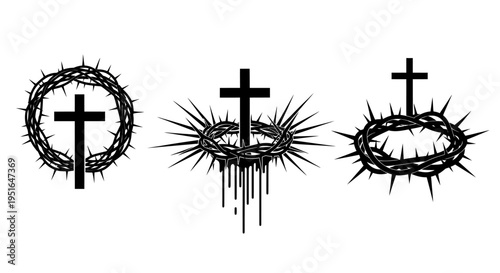 Vector set of Christian religious symbols depicting the sacred cross intertwined with thorny crowns, embodying themes of sacrifice, faith, and spiritual redemption