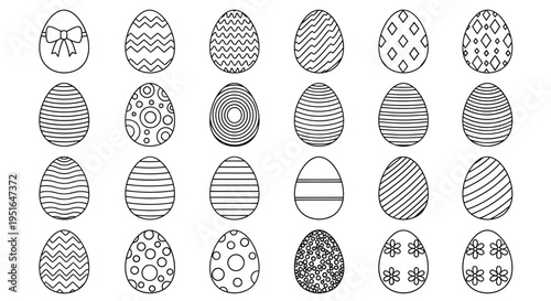 Diverse collection of outline Easter egg illustrations, each featuring a unique decorative pattern, perfect for holiday designs, educational activities, and seasonal craft projects