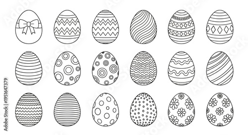 Collection of beautifully decorated outline Easter eggs, perfect for spring holiday designs and festive celebrations, featuring various intricate patterns for seasonal greetings and events