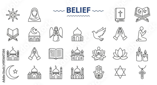 Diverse Global Faiths and Spiritual Concepts A Comprehensive Collection of Outline Icons Representing World Religions and Belief Systems