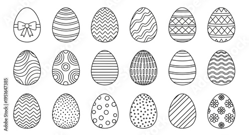 Collection of beautifully outlined Easter eggs, each adorned with unique geometric and decorative patterns, perfect for spring holiday celebrations and festive graphic designs