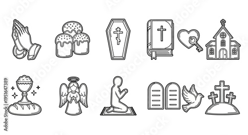 Collection of religious and funeral icons representing faith, spirituality, and remembrance through symbols like churches, crosses, and angels