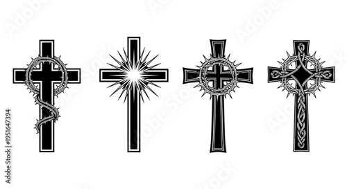 Collection of four distinct Christian cross designs, including a thorny crown of thorns cross and a radiant sunburst cross, suitable for religious or spiritual themes