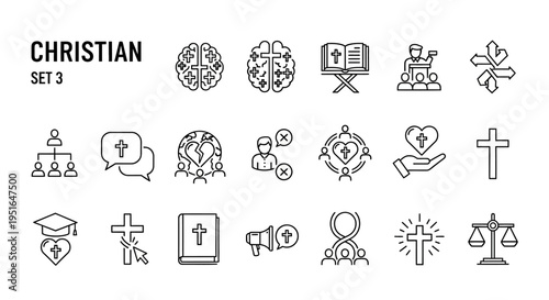 Comprehensive collection of spiritual concepts and faith-based outline icons, illustrating devotion, community, wisdom, ethical principles, and religious practices