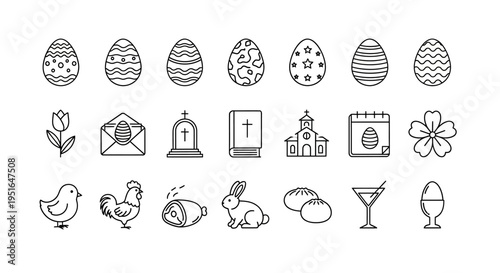 Collection of Easter and spring themed line art icons including eggs, bunny, chicken, flowers, and religious symbols