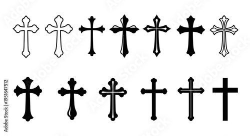 A diverse collection of stylized Christian cross designs, featuring various forms of religious symbols and spiritual emblems perfect for sacred graphic projects and faith-based representations