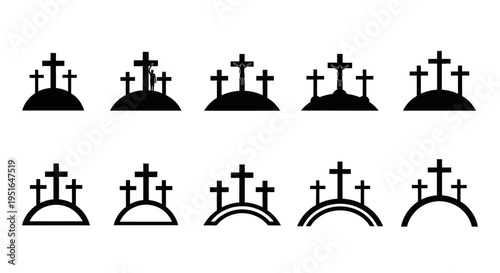 Collection of Christian Crosses on Hills Icons - Minimalist Religious Symbols Representing Faith, Golgotha, and Easter for Digital Design Resources