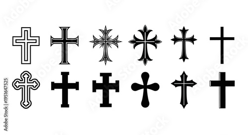 Assortment of unique cross symbols, depicting a range of spiritual and ornamental shapes in a versatile graphic collection