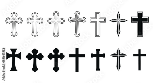 Diverse collection of Christian cross designs and religious symbol concepts, showcasing outline and solid silhouette styles for spiritual graphic elements and iconography