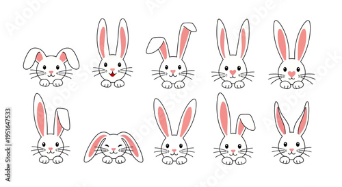 A charming collection of cartoon rabbit faces, showcasing diverse expressions and playful ear positions, ideal for versatile character design and emotive graphics