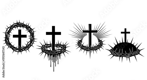 Artistic Vector Set of Christian Cross and Crown of Thorns Imagery, Expressing Themes of Sacrifice and Redemption