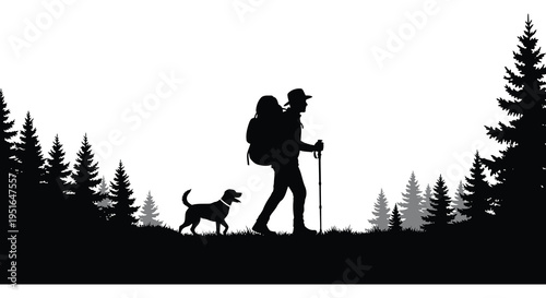 A hiker and their dog walk along a forested trail enjoying the outdoors in a striking silhouette high quality professional detailed