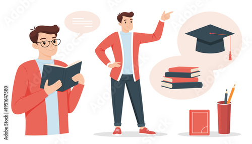 Teenager school student poses vector illustration set. Casual boy character with glasses and books