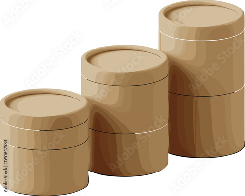 Three stacked cardboard cylindrical containers of varying sizes in shades of brown