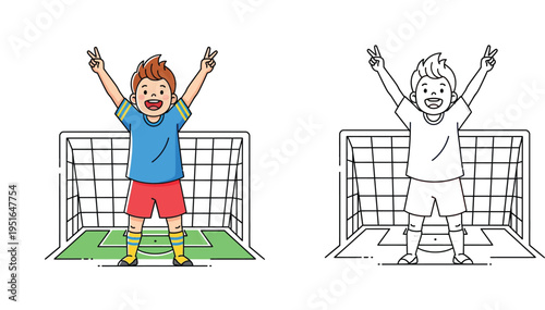 Happy cartoon boy soccer player raising hands in victory sign near goal net, full color and line art coloring page illustration