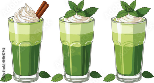 Three green layered drinks with whipped cream and mint leaves in clear glasses green drink
