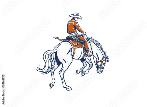 Cowboy riding horse vintage artwork for t shirt. Rodeo artwork for apparel, sticker and poster. Wild west vintage design. Western. Ride and free.