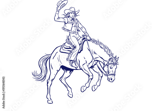Rodeo cowgirl vector artwork. Wild west horse riding design. Vintage western t shirt. Country girl graphic. Apparel and poster design.