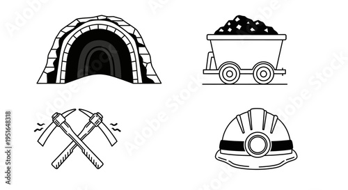 Mining industry tools and equipment set, including mine entrance, cart, pickaxes, and hard hat.