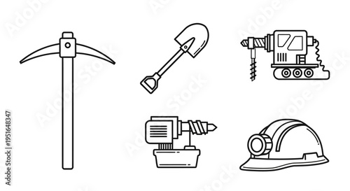 Mining Tools and Equipment Line Art Collection.