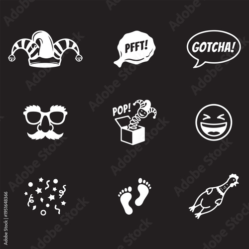April Fools Day Prank and Comedy Vector Icon Set. White Graphics on Black Background.