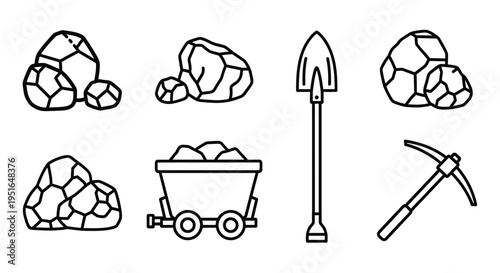 Mining Tools and Rocks Outline Set for Resource Extraction.