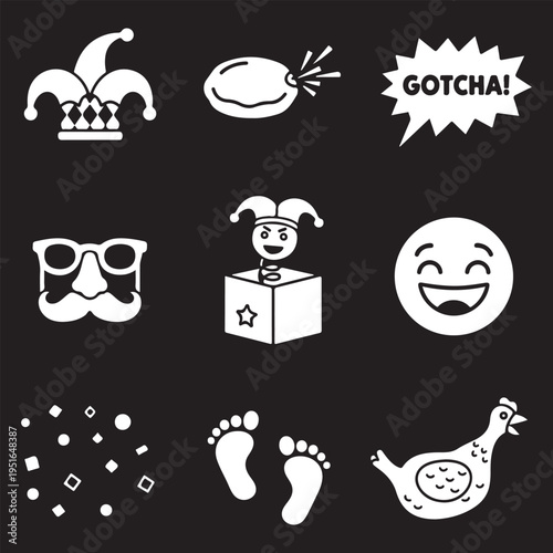 April Fools Day Prank and Comedy Icon Set. White Silhouettes on Black Background.