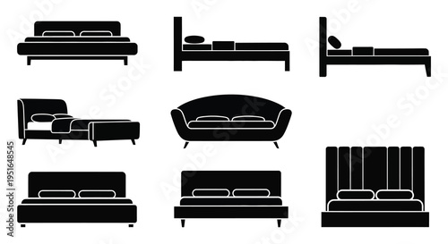 A collection of black furniture outlines depicting various bed and sofa designs in a flat silhouette high quality professional detailed modern
